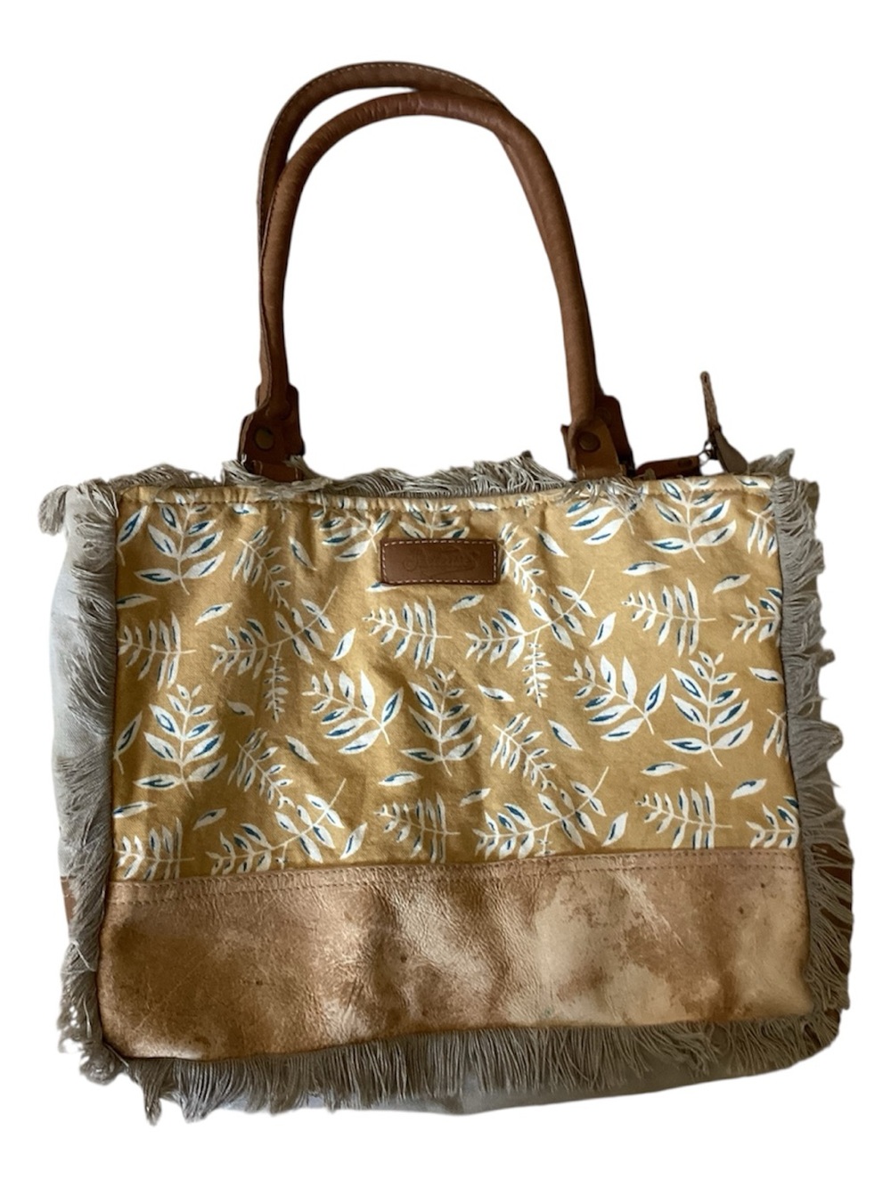 Sixtease Upcycled Canvas Leaf Print Fringed Bag Mustard /Tan